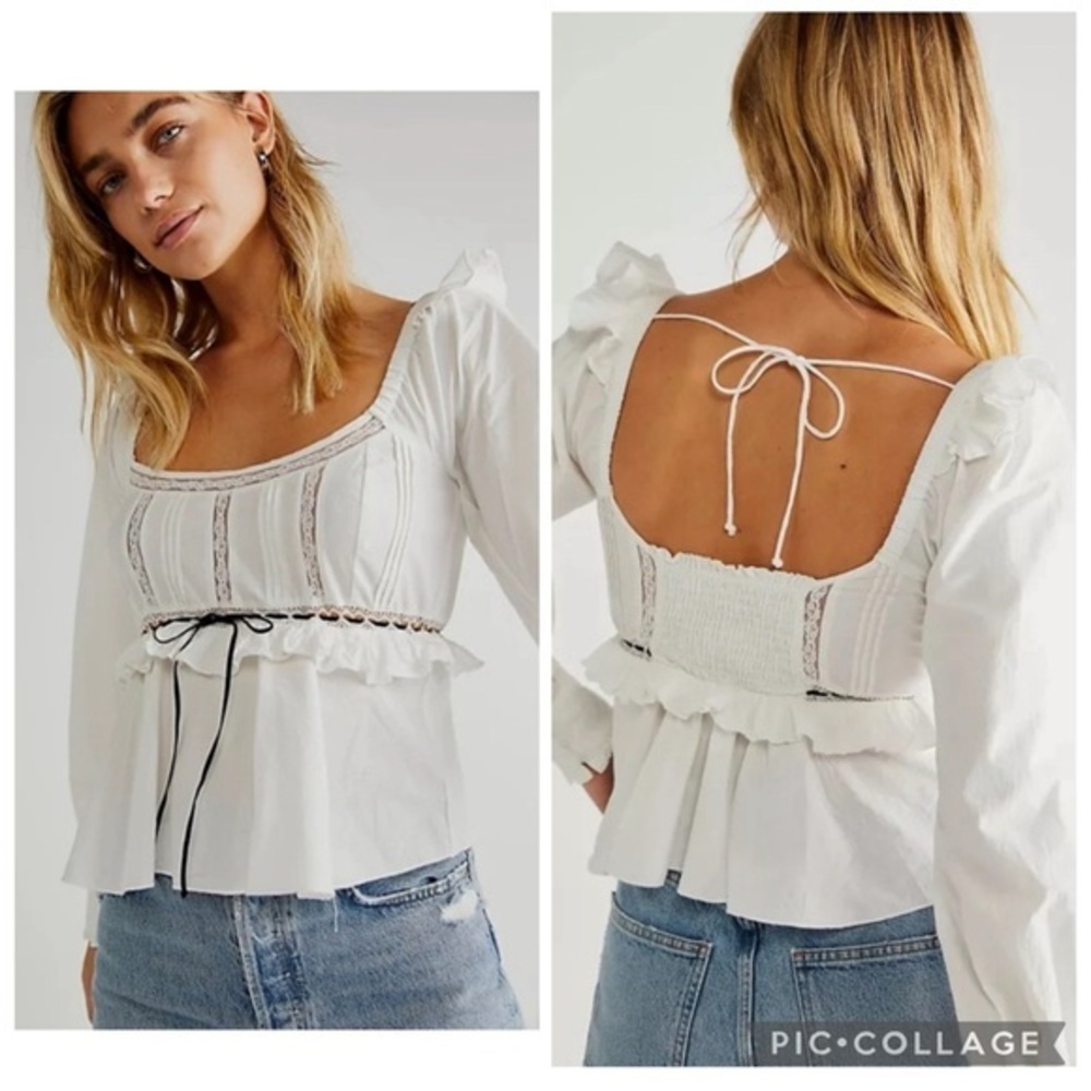 Free People Cathleen White Black Ruffle Long Sleeve Top Sz X-Small
